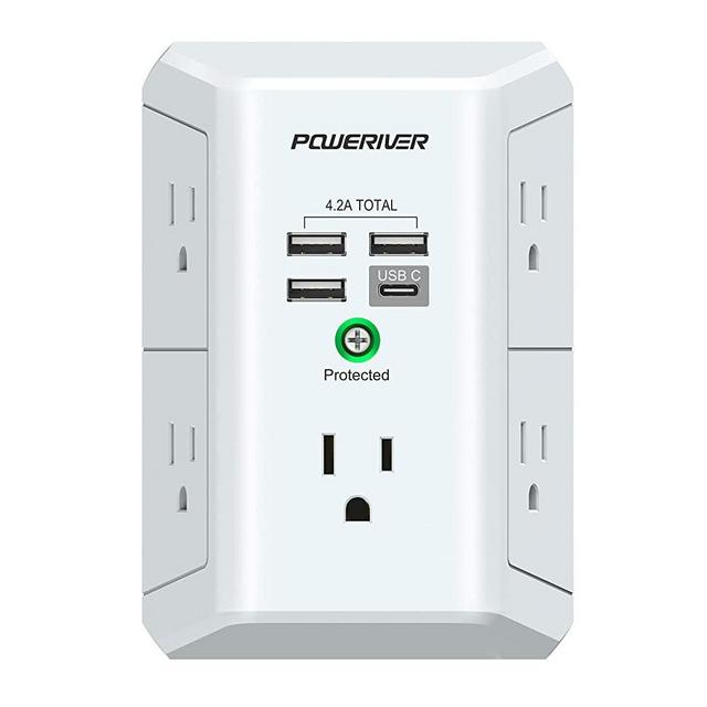 USB Wall Charger, POWERIVER Multi Outlet Extender Surge Protector with 4 USB Ports (1 USB C, 4.2A Total) 1680J Power Strip Multi Plug Wall Outlet Adapter Spaced for Home School Office, ETL Listed