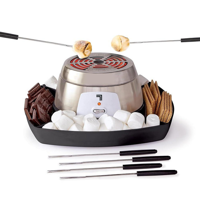 SHARPER IMAGE Electric Tabletop S'mores Maker for Indoors, 8-Piece Set, Includes 6 Skewers & 4 Serving Compartments, Easy Cleaning & Storage, Tabletop Marshmallow Roaster, Family Fun, Halloween