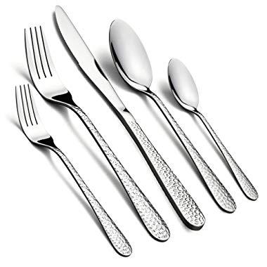 60-Piece Silverware Set, HaWare Hammered Stainless Steel Flatware Cutlery Set for Home/Hotel/Restaurant, Service for 12, Mirror Polished, Classic Design, Dishwasher Safe