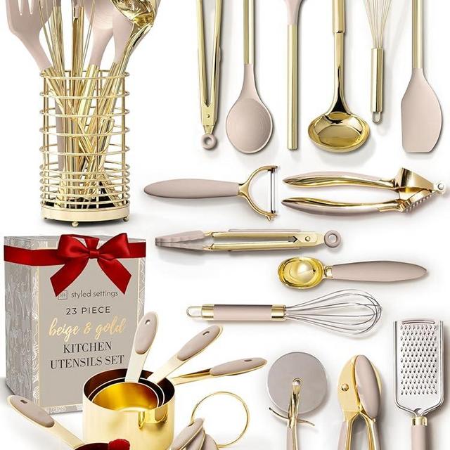 Styled Settings 23-Piece Beige and Gold Utensils Set – Silicone Nonstick Cooking Tools with Garlic Press, Can Opener, Measuring Cups, Utensil Holder – Luxury Kitchen Accessories for Modern Homes