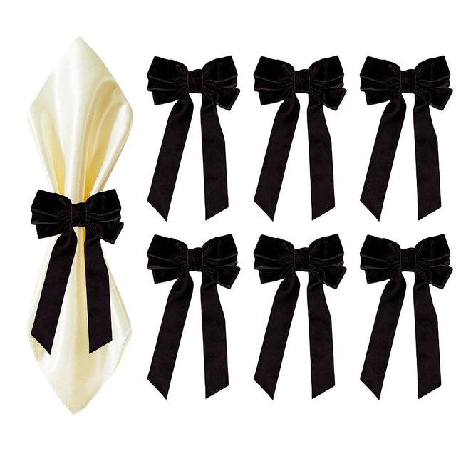 Meseey Bow Napkin Rings Set of 6 Luxury Soft Black Velvet Napkin Holders, Elegant Bow Design for Christmas Holiday Dinner Wedding Party Table Decor