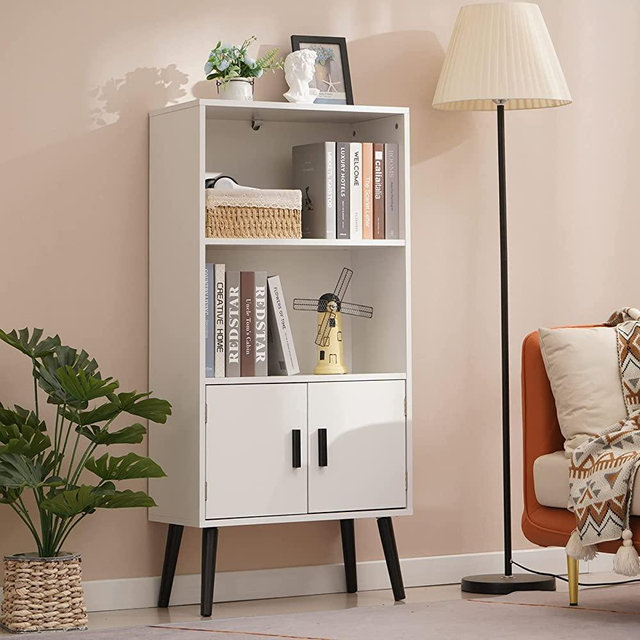 USIEKY Mid-Century Bookcase with Doors, 2-Tier Bookshelf Storage Cabinet, Record Player Stand, Bathroom Cabinet with Shelves, for Bedroom, Living Room, Office, Library, White