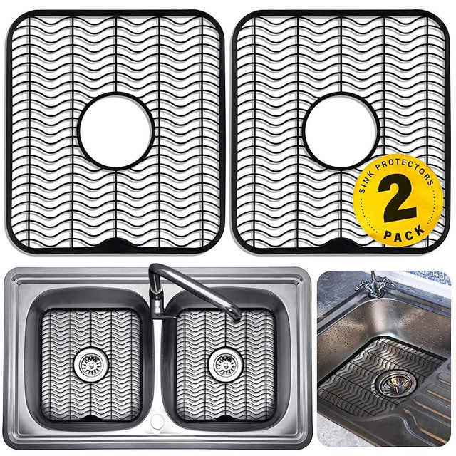 DecorRack 2 Sink Protectors for Kitchen Sink, Plastic 12" x 11" Dish Rack, Protect Sink from Stains, Damage, Scratches, Dishwasher Safe Grid Mat for Kitchen (2 Pack, Black)