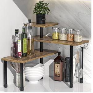 Countertop Organizer Organization, 3 Tier Moveable Corner Shelf Organizer for Kitchen, Bathroom, Spice Rack, Coffee Area, Over Sink, Dresser Table (Rustic Brown)