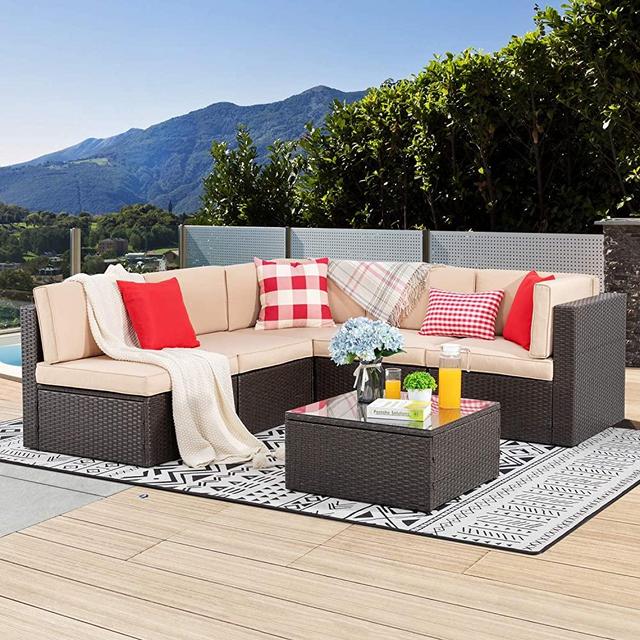 Vongrasig 6 PCS Patio Furniture Set, Small Outdoor Wicker Sectional Sofa Couch All Weather PE Rattan Patio Sofa Garden Backyard Patio Conversation Set w/Glass Table and Beige Cushion(Brown)