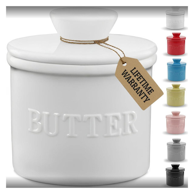 French Butter Crock with Lid, Butter Keeper Dish to Keep Butter Spreadable and Fresh on Counter, Ideal Kitchen Gift White one size
