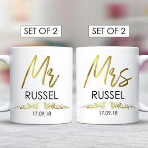 Mr Mrs Engagement Mugs Set for Couple Wedding Gift