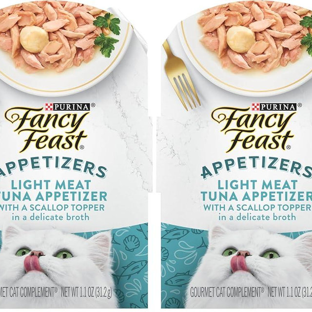 Fancy Feast Purina Appetizers Lickable Grain Free Wet Cat Food Topper Light Meat Tuna Appetizer with Scallop - 1.1 oz. Trays,(Pack of 20)