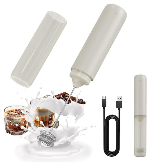 CIRCLE JOY Portable Rechargeable Milk Frother Hanheld, Dual Spring Whisk Electric Coffee Frother Wand Drink Mixer for Matcha Lattes Cappuccino, Kitchen Gifts, Beige