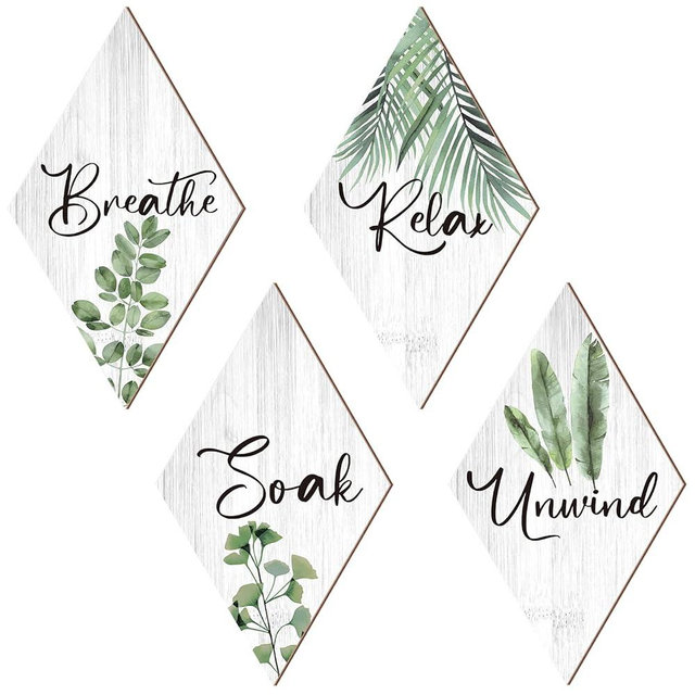 Jetec 4 Pcs Farmhouse Bathroom Wall Decors Relax Soak Unwind Breathe Wooden Word Sign Hanging Decorative Cutout Word Sign Rustic Primitive Wall Arts Vintage Wooden Decorations (White, Green, Leaves)