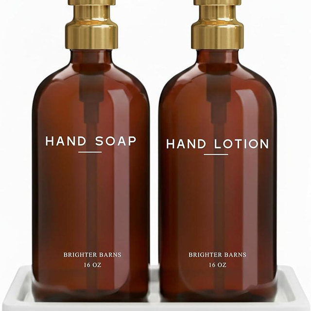 Luxury Glass Soap and Lotion Dispenser Set with Tray by Brighter Barns - Hand Soap Dispenser Bathroom Set w/Stainless Steel Pump - Gold Bathroom Decor for Guest House, Airbnb, Spa, Gift (Amber/Gold)