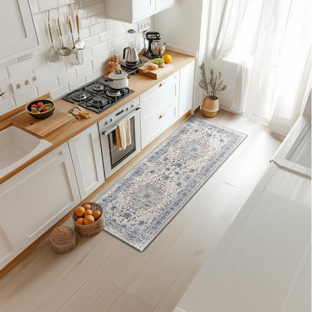 BESTSWEETIE 2x6 Area Rug Washable Rugs for Living Room, No Pile Boho Carpet for Entryway Bedroom Dinning Room, Vintage Carpet Print Distressed Non-Slip, 2 x 6 ft, Beige Blue