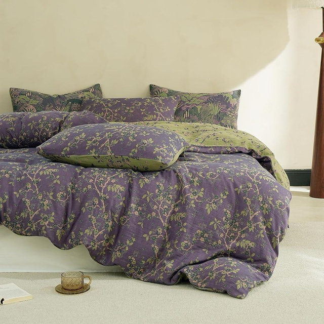 Simple&Opulence Muslin Duvet Cover Set Queen Size, 100% Washed Cotton 3 Pieces Yarn-Dyed Vintage Purple Floral Jacquard Textured Bedding, Soft & Breathable Gauze Comforter Cover with Zipper Closure