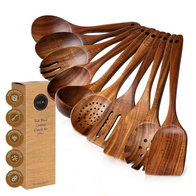 Wooden Spoons for Cooking - 10 Pcs Teak Wood Cookware Utensil Set with Smooth Finish - Non-Stick, Comfortable Grip - Durable, Heat Resistant Kitchen Utensils