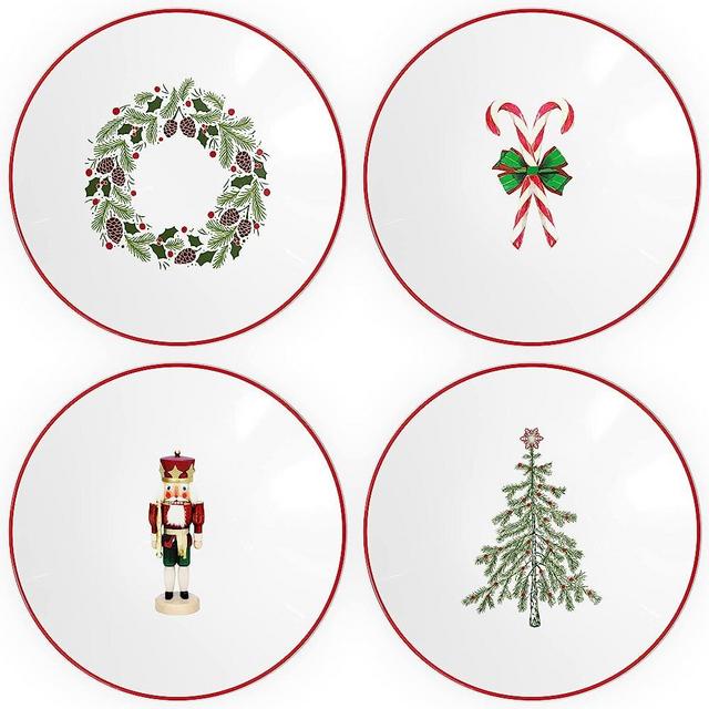 American Atelier Holiday Plates | Set of 4 | Dessert, Appetizer, or Salad Plates | Christmas Themed Collection | Measures 8-Inches | Round, Stoneware | Dishwasher Safe