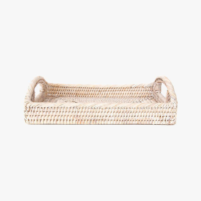 Tava Handwoven Rattan Rectangular Serving Tray, 11"L X 8"W, White Wash