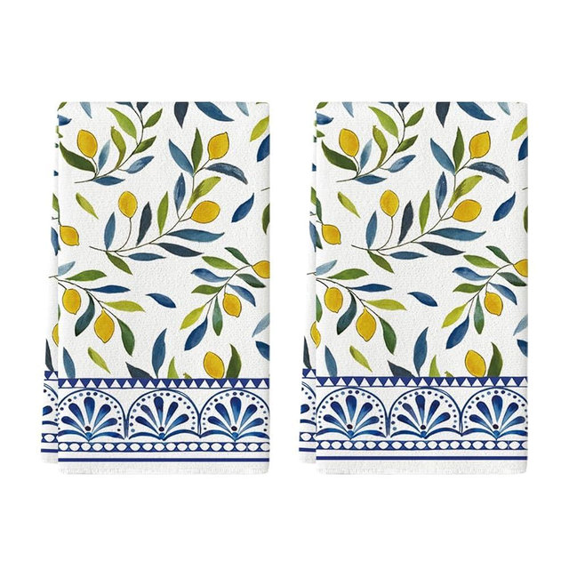 Artoid Mode Lemons Leaves Stripes Summer Kitchen Towels Dish Towels, 18x26 Inch Farmhouse Decoration Cleaning Set of 2