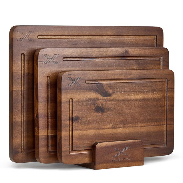 Acacia Wood Cutting Board Set of 3 (16 x 12/14 x 10/12 x 8), Walnut - 0.8 in Extra Thick Wooden Chopping Boards with Deep Juice Grooves - Non-Slip, Non-Toxic & Durable Boards for Meat & Vegetables