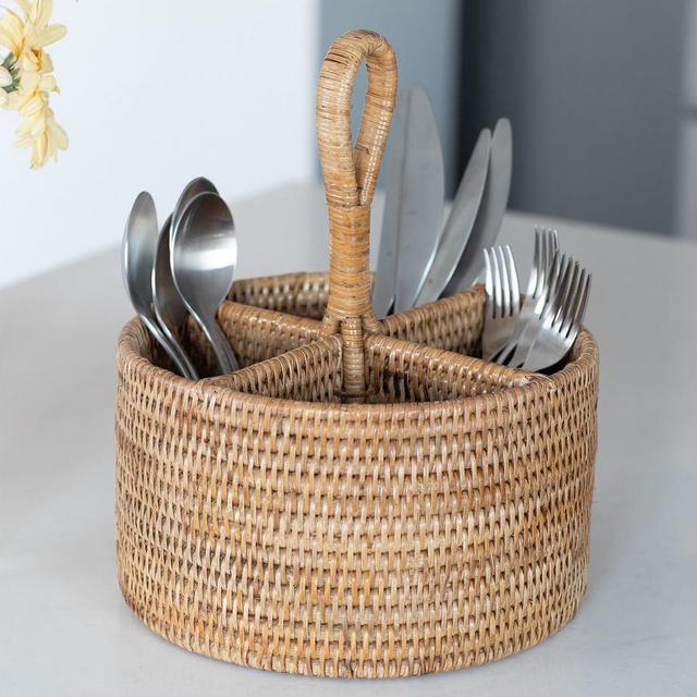 Tava Handwoven Rattan Round Flatware Caddy