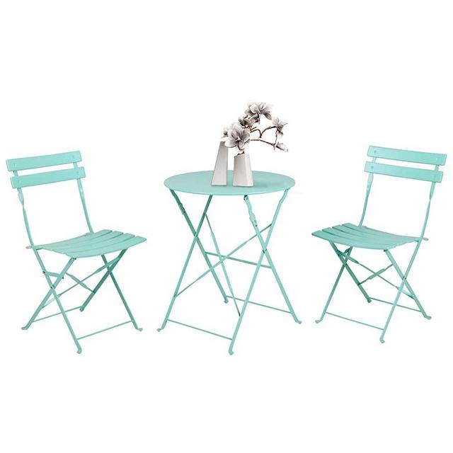 Grand patio 3pc Metal Folding Bistro Set, 2 Chairs and 1 Table, Weather-Resistant Outdoor/Indoor Conversation Set for Patio, Yard, Garden-Macaron Blue