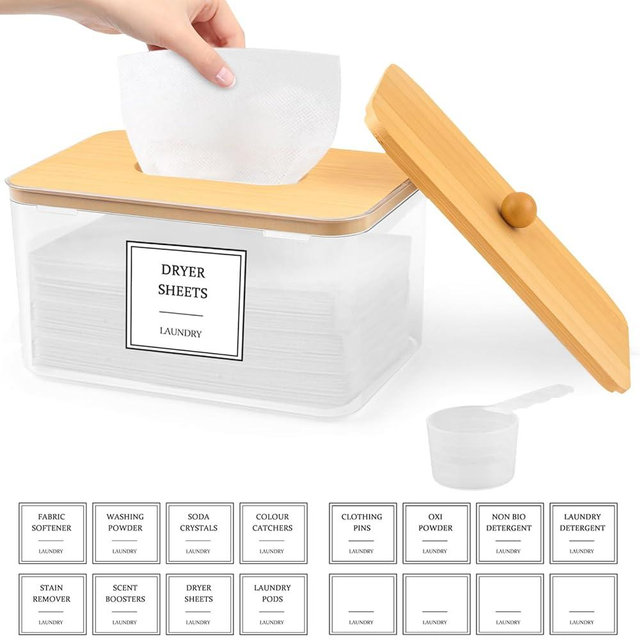 Gocasmus Dryer Sheet Holder - Clear Dryer Sheets Container with Bamboo Lid, 16 Labels and Scoops for Laundry Room Organization and Storage Dryer Sheet, Balls, Clothespins, Pods