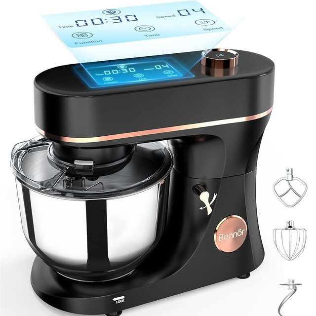 Bonnor Stand Mixer 6QT Kitchen Mixer with LED Smart Touchscreen, 11-Speed Tilt-Head Mixer with Timer, 4 Preset Menus, Stainless Steel Bowl, Dough Hook, Whisk, Beater,Black