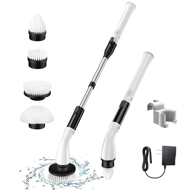 LABIGO Electric Spin Scrubber LA1 Pro, Cordless Spin Scrubber with 4 Replaceable Brush Heads and Adjustable Extension Handle, Power Cleaning Brush for Bathroom Floor Tile (White&Black)