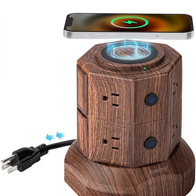 SUPERDANNY Power Strip Tower with 15W Wireless Charger, 6.5Ft Retractable Extension Cord, 1050J Surge Protector, Standing Charging Station with 8 AC Outlets & 4 USB Ports for Home Office, Deep Brown