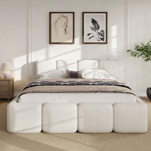 Upholstered Platform Bed With Plush Headboard & Footboard - White Boucle, Queen