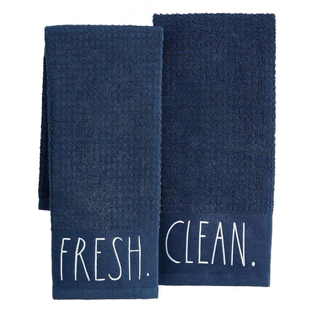 Rae Dunn Hand Towels, Embroidered Decorative Hand Towel for Kitchen and Bathroom, 100% Cotton, Navy- Fresh/Clean, 16"x 26"