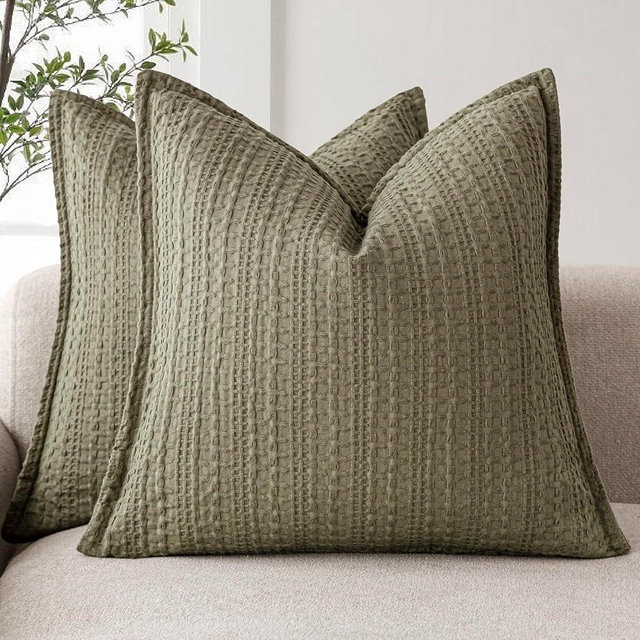 Foindtower Set of 2 Decorative Cotton Waffle Weave Throw Pillow Covers Euro Shams Cushion Covers Accent European Pillowcase for Bed Couch Sofa Bedroom Living Room Home Decor 18×18 Inch Olive Green