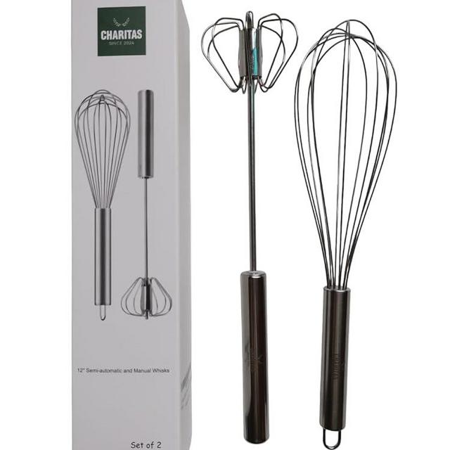 12'' Egg Whisk Combo - Stainless Steel Manual Balloon whisk and Semi-Automatic Whisk, Egg Beater, Hand Push Rotary - Mixing, Frothier, Stirring baking/beating eggs, Durable, Easy-Grip/Heat-Resistant.