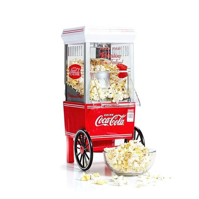 Nostalgia Popcorn Maker, 12 Cups, Coca-Cola Hot Air Popcorn Machine with Measuring Cap, Oil Free, Vintage Movie Theater Style, White and Red
