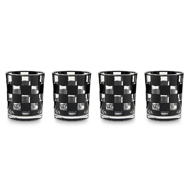 MACKENZIE-CHILDS Set of 4 Acrylic Tumblers, Open Tumbler Cups, Acrylic Cups, 14 Ounces, Black Check