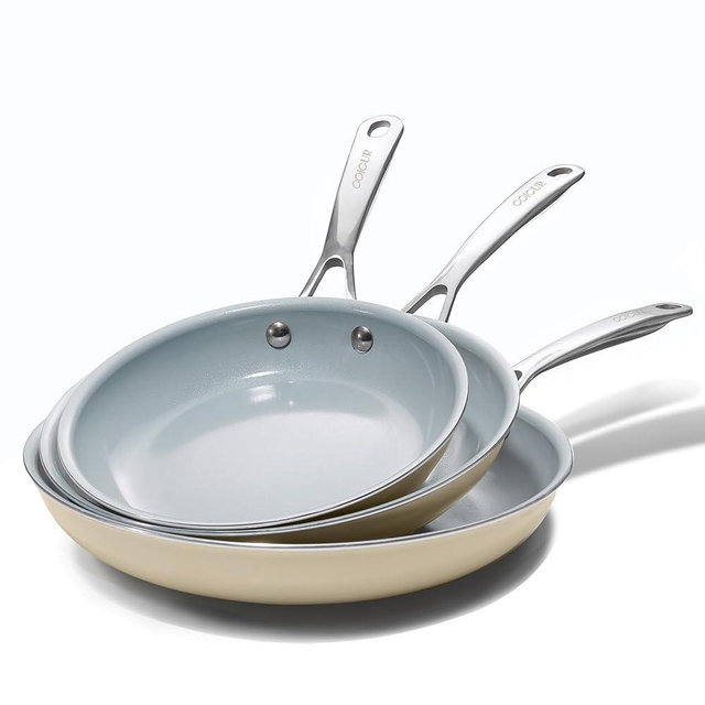 Coicur Nonstick Ceramic Frying Pans 8" 9.5" 11" Ceramic Skillets Set with Stainless Steel Handle Omelet Pans Healthy Cooking Chef Pans, PFOA Free, Cream White