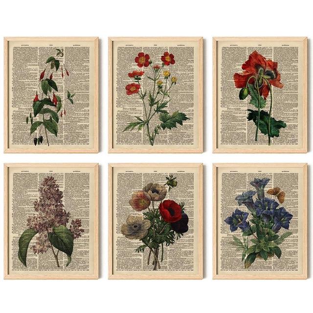 97 Decor Floral Vintage Wall Art Print - Antique Botanical Wall Art, Flower Book Wall Decor, Upcycled Dictionary Flower Poster, Wildflower Pictures for Bedroom Home Decorations (8x10 Unframed)