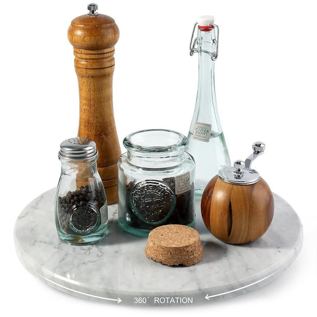 12" Marble Lazy Susan Turntable - 100% Natural Stone Round Serving Tray with Silent Spinning, Revolving Cake Stand & Cheese Board for Kitchen Countertop, Cupcake Table Display, Food, Seasoning (White)