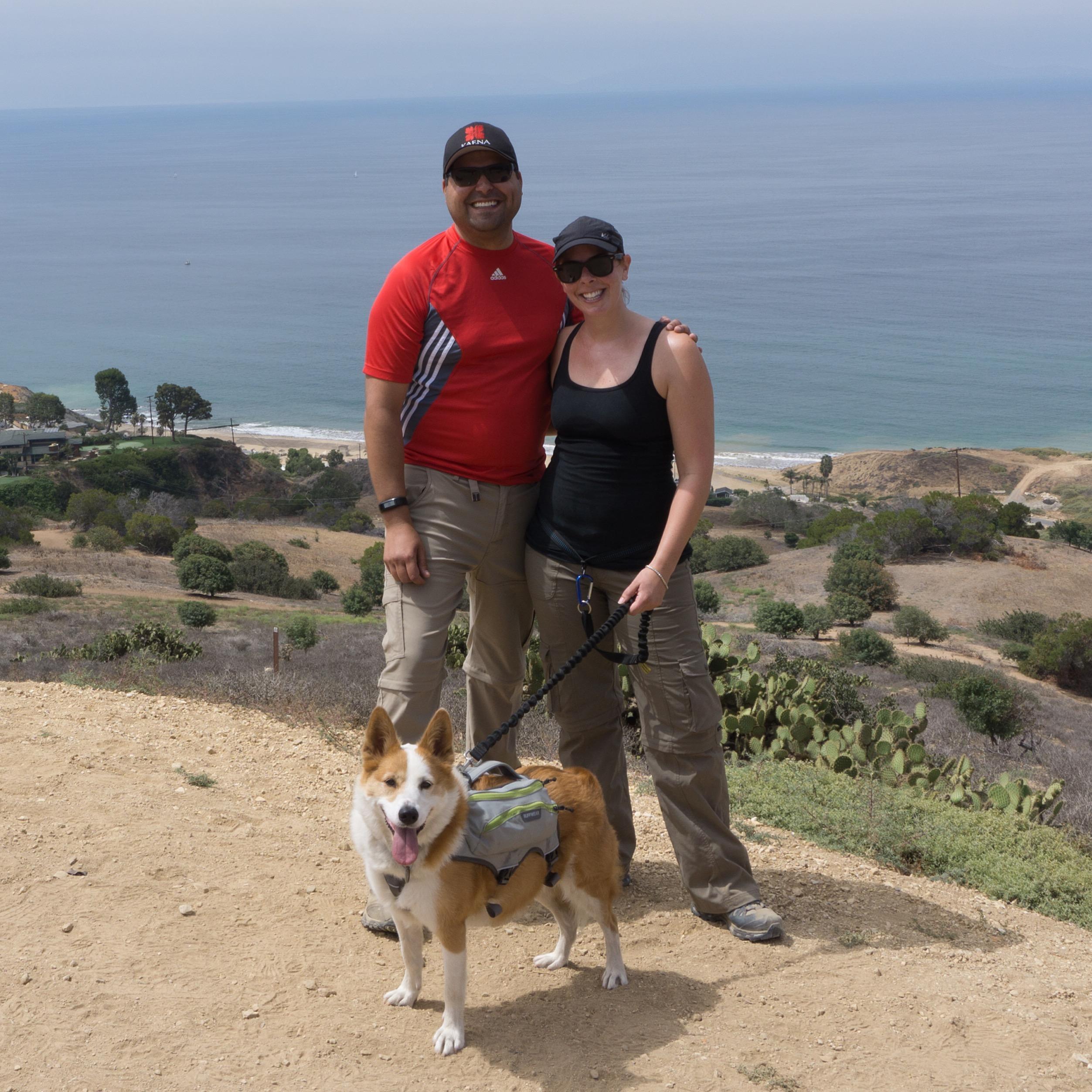 On one of the couple's favorite local hikes in the Forestal Nature Preserve in Palos Verdes.  And look!  Rosie's looking at the camera!!