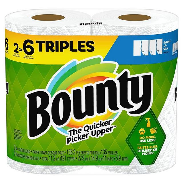 Bounty Select-A-Size 2-Ply Triple-Roll Paper Towels, 5-7/8" x 11", White, 135 Sheets Per Roll, Pack of 2 Rolls