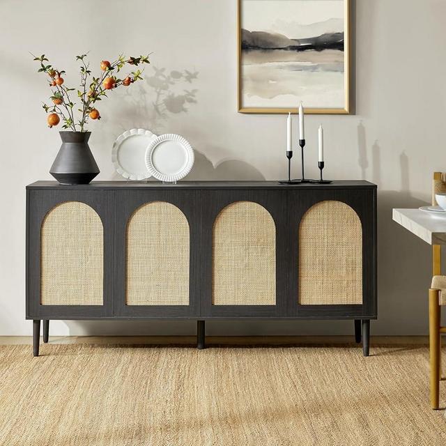 HULALA HOME 63" Wide Sideboard, Modern Sideboard Buffet Storage Cabinet with 4 Doors & 2 Adjustable Shelves, Kitchen Storage Buffet Cabinet Rattan Design, for Hallway, Entryway [Black]