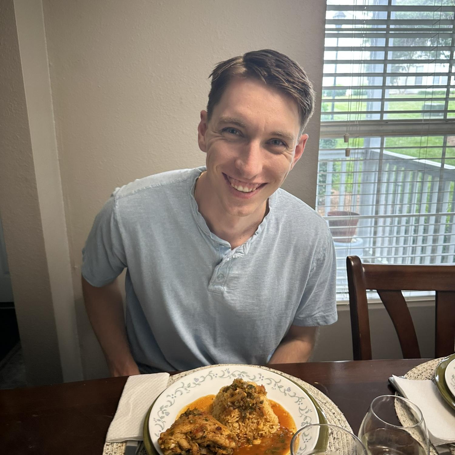 Mitch first time eating seco de pollo. (Ecuadorian tradition dish) he love it!