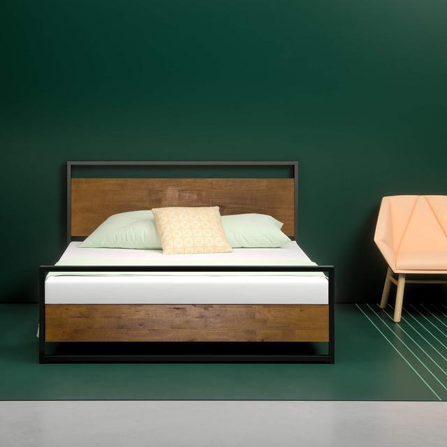 Zinus Suzanne Metal and Wood Platform Bed with Headboard and Footboard / Box Spring Optional / Wood Slat Support, Queen