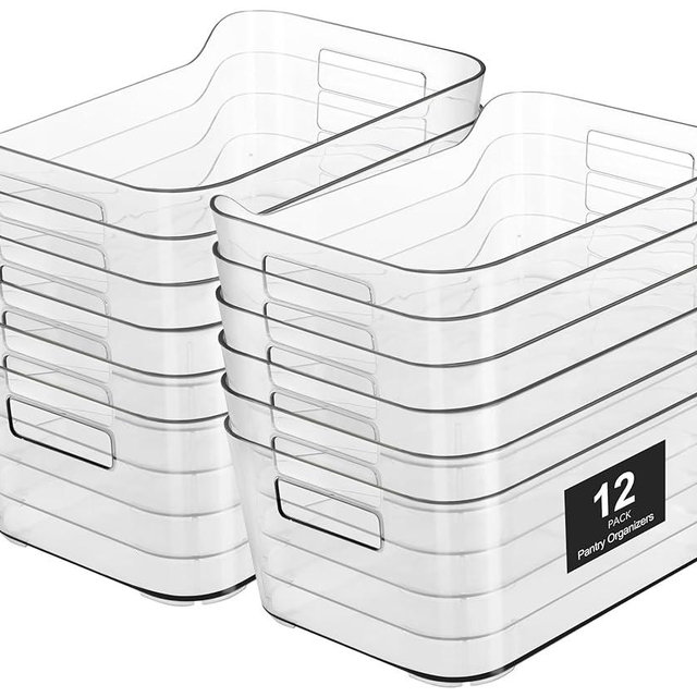 Heyuzb 12 Pack Plastic Storage Bins, Clear Pantry Organizers and Storage, Multi-Use Organizer Bins for Kitchen, Office, Fridge, Cabinet and Shelf Organization