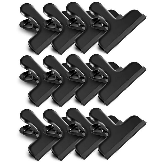 HOUSE AGAIN 12 Pack Stainless Steel Chip Bag Clips Covered with Silicone - NO More Sharp Edges - Color Coded for Food Bags - Air Tight Seal, Heavy Duty for Kitchen and Office, 3 Inches Wide, Black