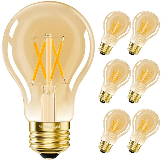 MorningLight 6-Pack Dimmable A19 Vintage LED Edison Bulbs 60W Equivalent, 2700K Warm Amber Glow LED Bulbs, E26 Base 6W Decorative Antique Filament Bulbs for Pendant, Sputnik Chandelier, 600LM, CRI 90+