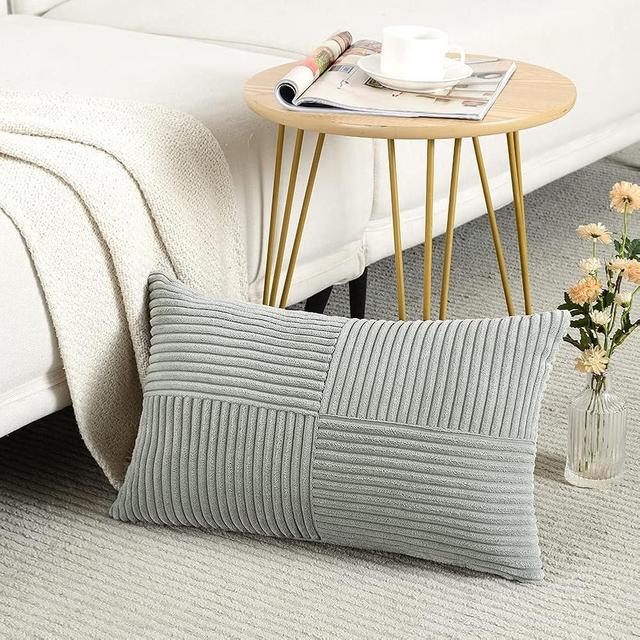 Fancy Homi Grey Lumbar Decorative Throw Pillow Covers 12x20 Inch for Living Room Couch Bed Sofa, Rustic Farmhouse Boho Home Decor, Soft Striped Corduroy Rectangle Accent Cushion Case 30x50 cm