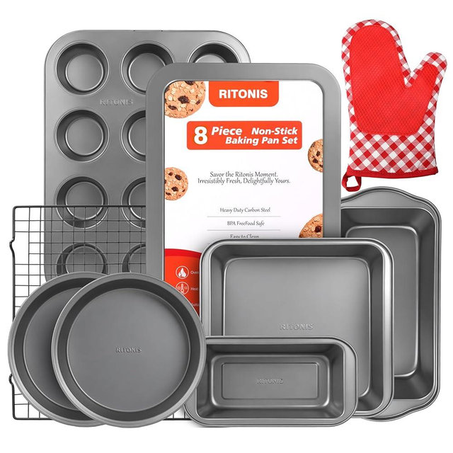 RITONIS 8-Piece Baking Pan Set, Non-stick Stacker Non-Toxic Oven Pan Set for Cooking, Includes Round/Square Cake Pan, Bread Pan, Muffin Pan, Cookie Sheet,cooling rack，with One Baking Glove