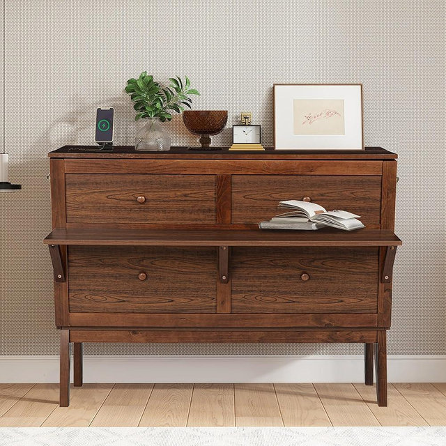 KALALLA Full Size Murphy Cabinet Bed with Desk Combo and 2 Removable Shelves, USB Ports, Wood Frame Foldable Bed, Space Saving for Small Space, Walnut