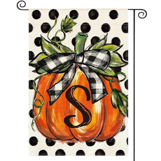 AVOIN colorlife Fall Monogram Letter S Garden Flag Polka Dot Pumpkin 12x18 Inch Double Sided Outside, Small Burlap Family Last Name Initial Yard Decoration