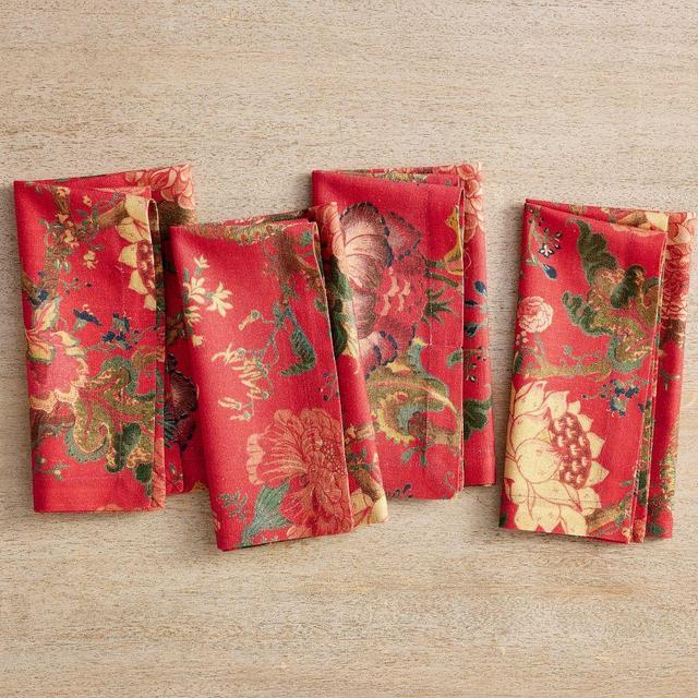 Dahlia Floral Cotton/Linen Napkins, Set of 4 - Red